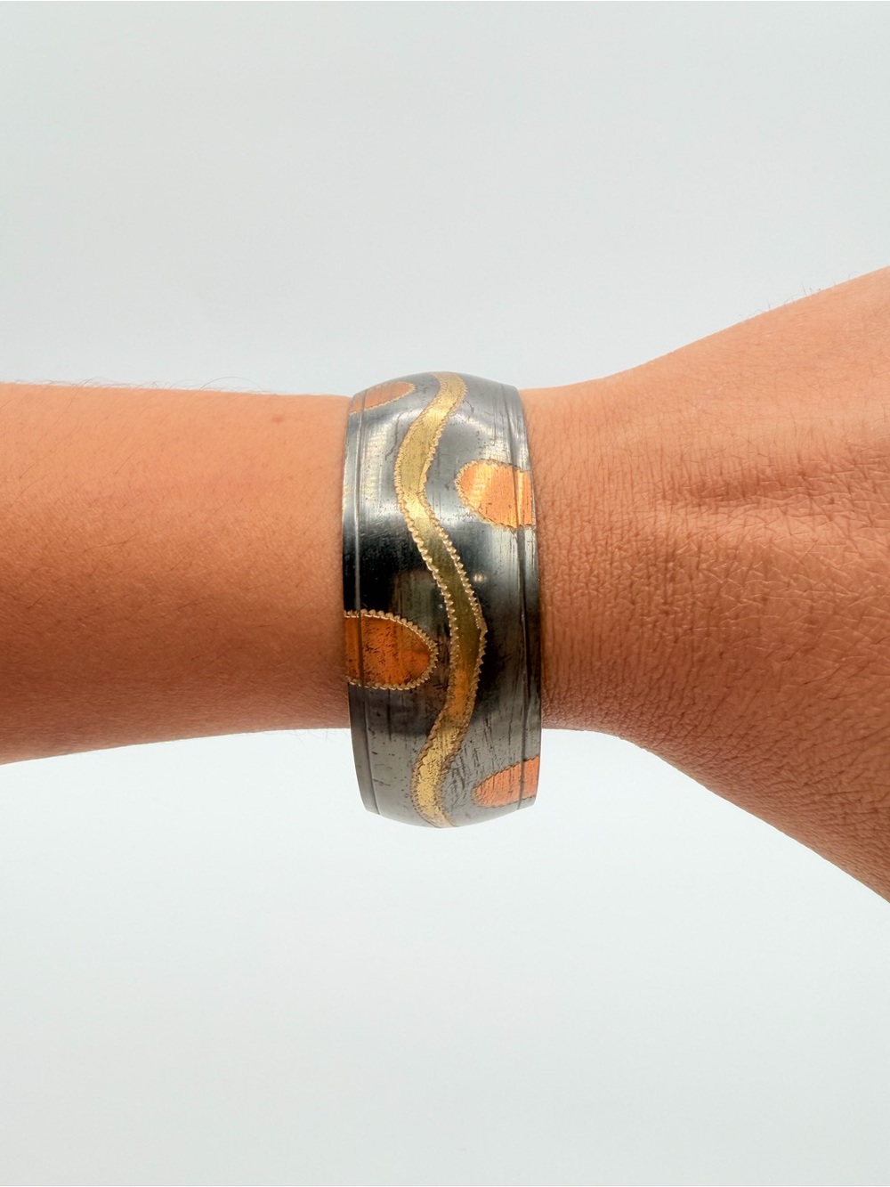 Vintage Wide Mixed Metal Etched Bangle Bracelet